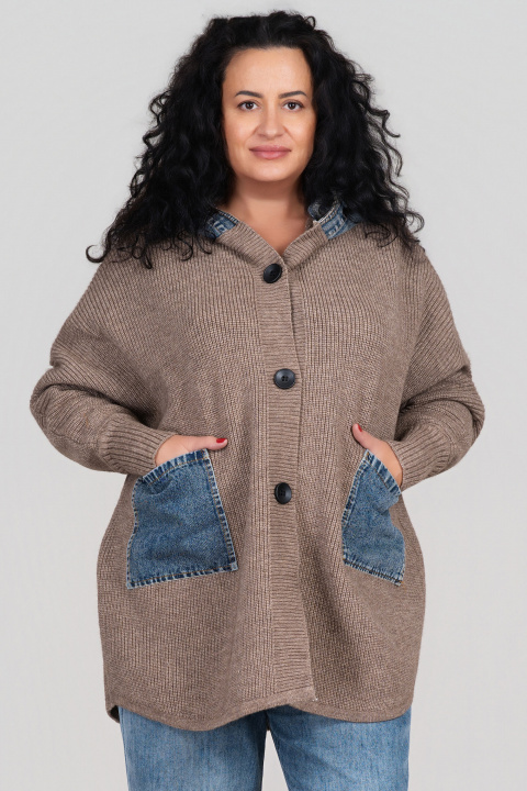 Макси жилетка от плетиво в бежово с дънкови джобове