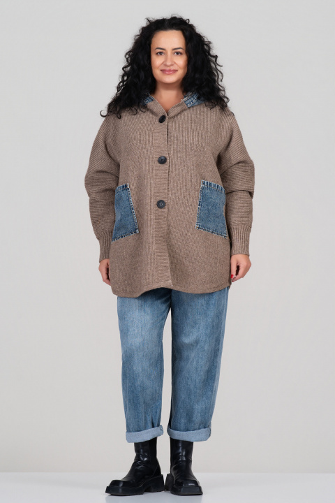 Макси жилетка от плетиво в бежово с дънкови джобове