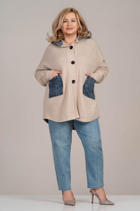 Макси жилетка от плетиво в светлобежово с дънкови джобове