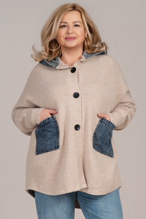 Макси жилетка от плетиво в светлобежово с дънкови джобове