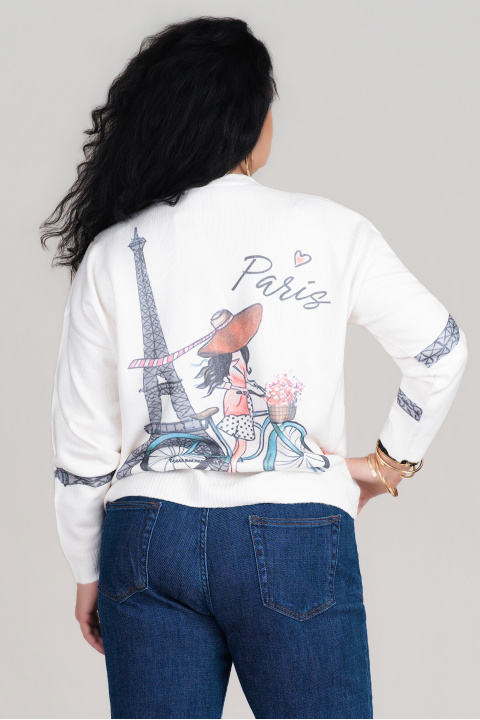 МАКСИ жилетка плетиво в бяло от фино плетиво с принт айфеловата кула