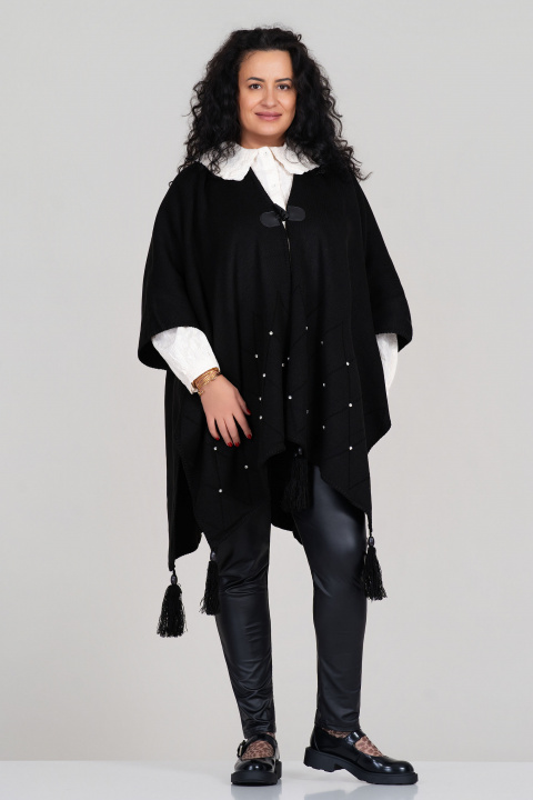 МАКСИ жилетка тип пончо в черно с декоративни камъни и пискюли