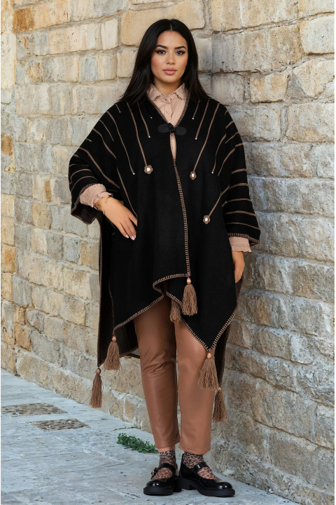 МАКСИ жилетка тип пончо в черно с кафяви линии, плетени цветя, камъни и пискюли