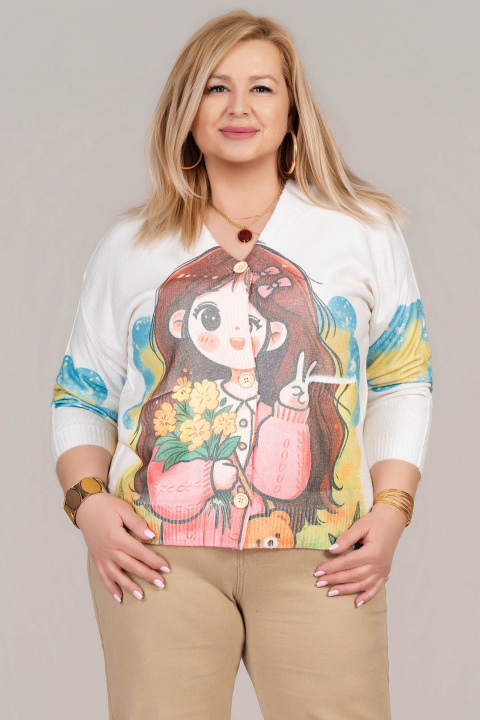 МАКСИ жилетка в бяло от фино плетиво с принт момиче с жълти цветя