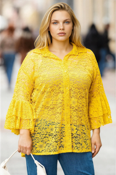 Макси жълта риза от рязана дантела с ефектен ръкав