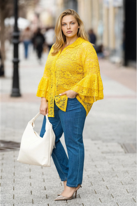Макси жълта риза от рязана дантела с ефектен ръкав