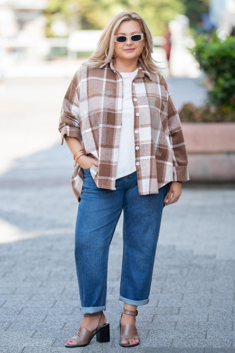 Макси карирана риза в бяло и кафяво