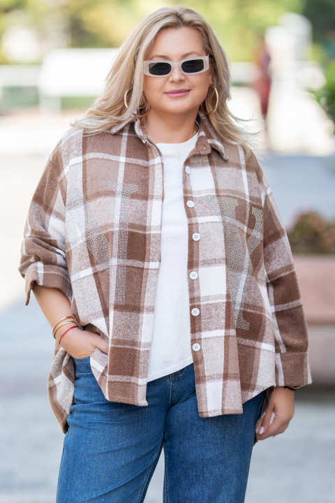 Макси карирана риза в бяло и кафяво