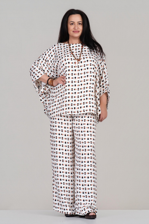 Макси комплект с блуза и панталон в бяло с принт на точки