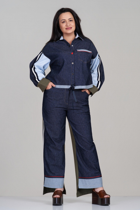 Макси комплект с риза и панталон с акцент деним