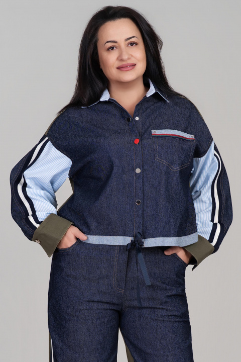 Макси комплект с риза и панталон с акцент деним