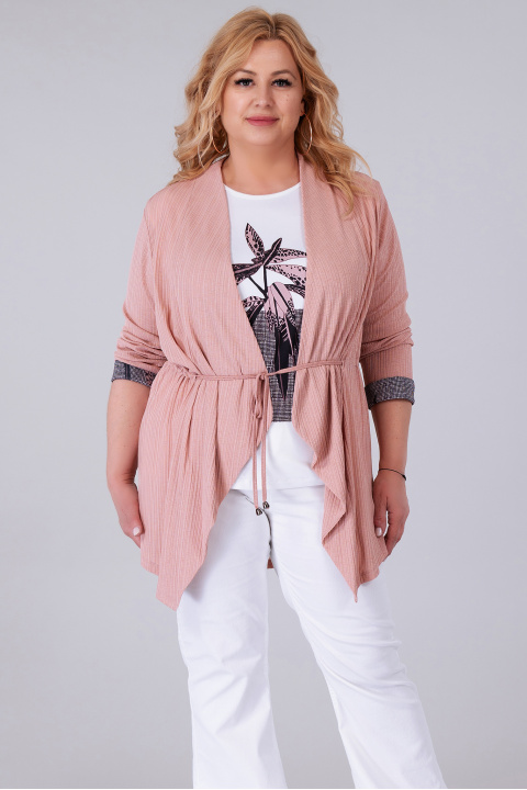 МАКСИ комплект в розово и бяло с жилетка с връзки и потник