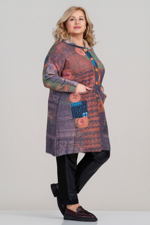 МАКСИ палто с качулка и пъстър десен в зелено и лилаво