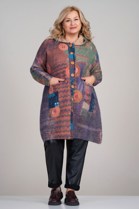 МАКСИ палто с качулка и пъстър десен в зелено и лилаво