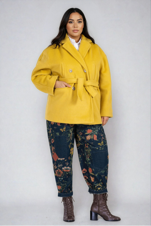 МАКСИ палто в жълто с вълна, двуредно закопчаване и колан в талията