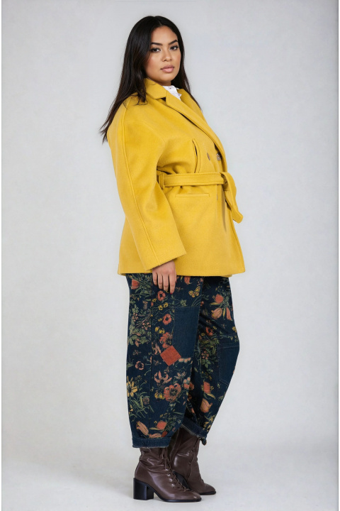 МАКСИ палто в жълто с вълна, двуредно закопчаване и колан в талията