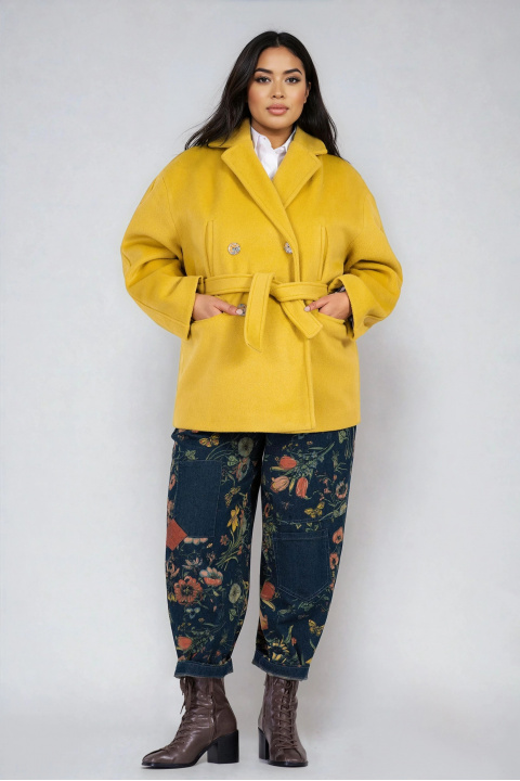 МАКСИ палто в жълто с вълна, двуредно закопчаване и колан в талията