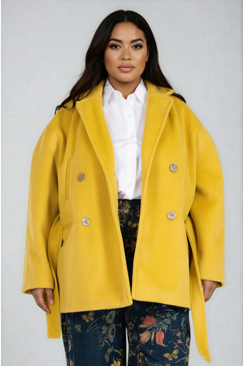 МАКСИ палто в жълто с вълна, двуредно закопчаване и колан в талията