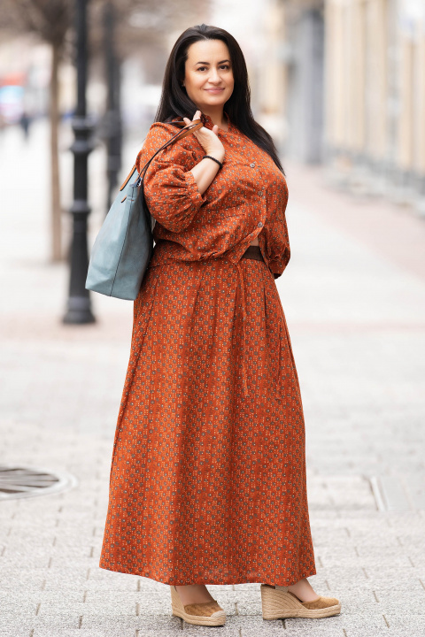 Макси памучен комплект от пола и риза в цвят керемида