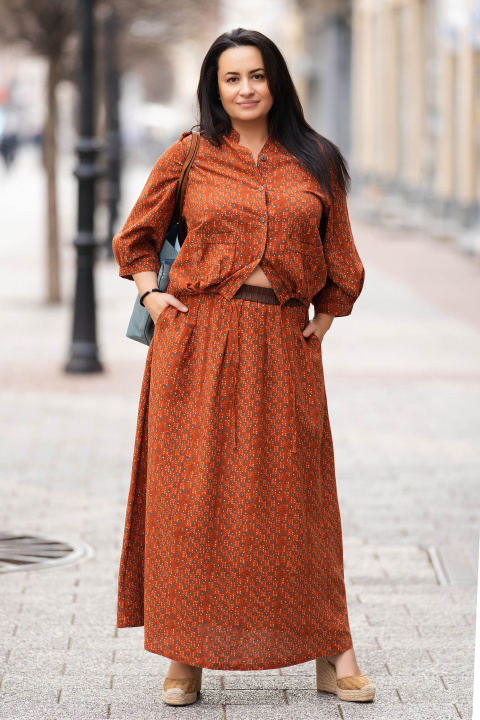 Макси памучен комплект от пола и риза в цвят керемида