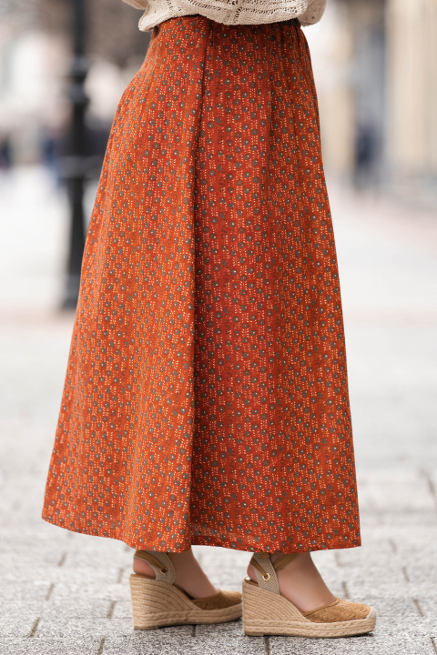 Макси памучен комплект от пола и риза в цвят керемида