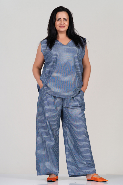 МАКСИ памучен комплект в синьо с раиран принт