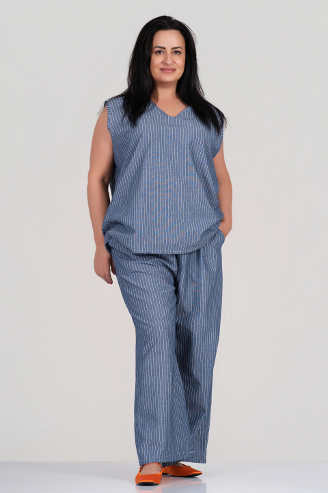 МАКСИ памучен комплект в синьо с раиран принт