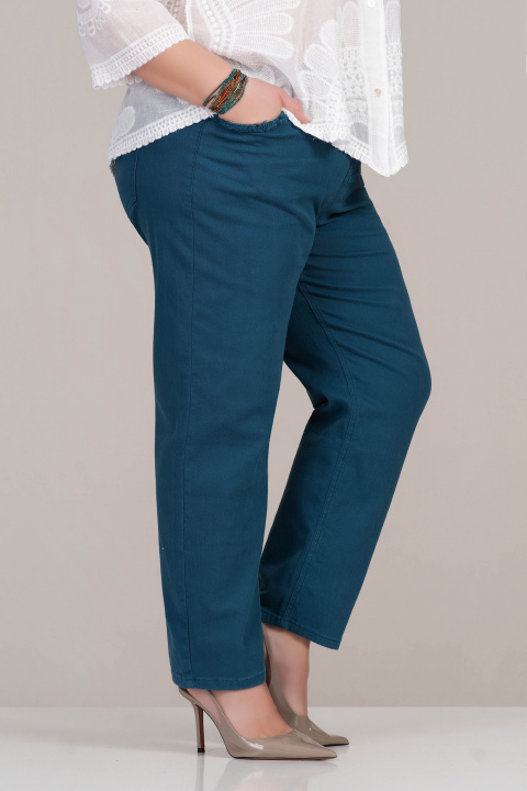 МАКСИ памучен панталон в цвят петрол с ластик в талията и бродерия