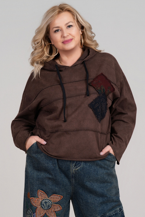 МАКСИ памучен суитшърт в кафяво с модерни аликации