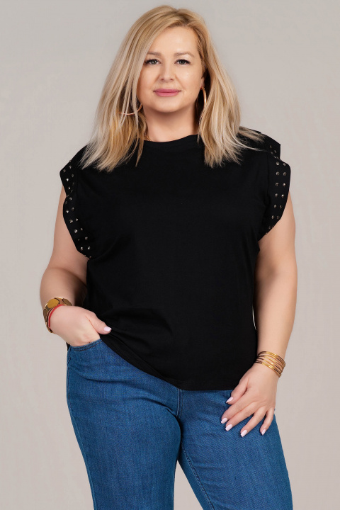 Макси памучна блуза в черно с изрязан ръкав и декоративни капси