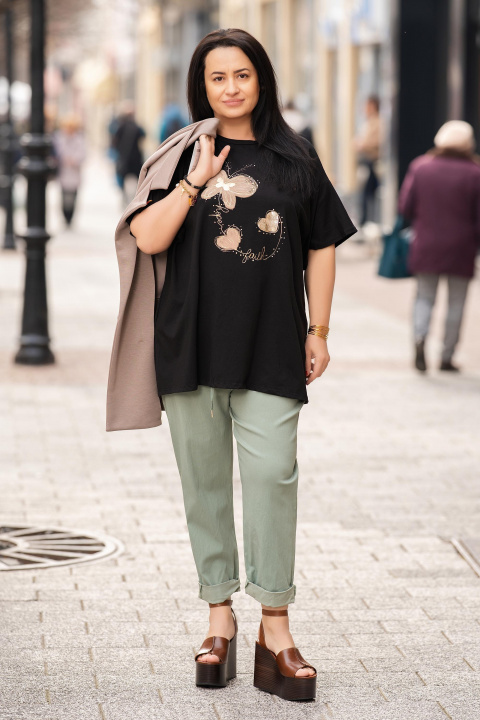 Макси памучна блуза в черно с принт сърца и пеперуда