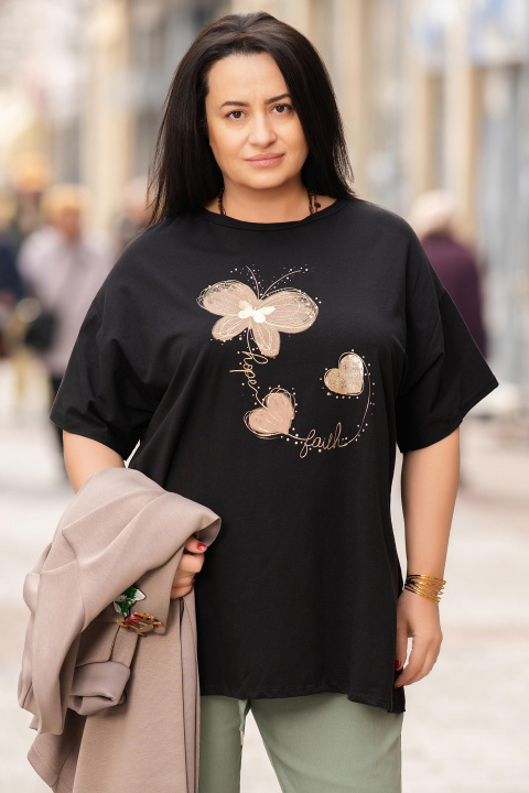 Макси памучна блуза в черно с принт сърца и пеперуда