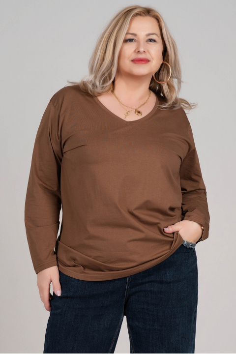 МАКСИ памучна блуза в кафяво с остро деколте