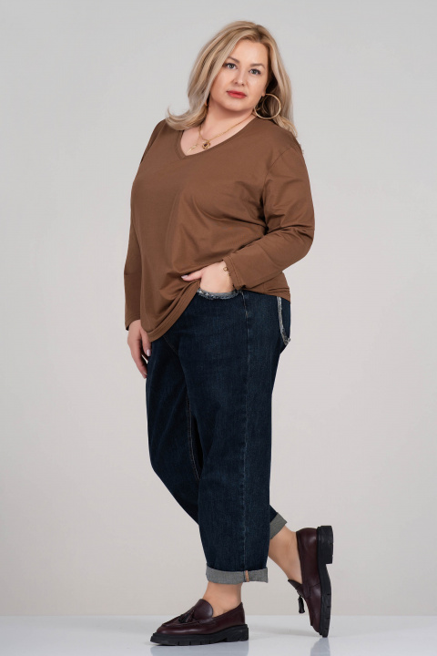 МАКСИ памучна блуза в кафяво с остро деколте