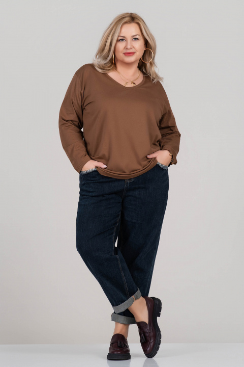 МАКСИ памучна блуза в кафяво с остро деколте