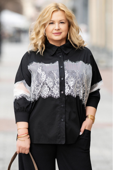 Макси памучна риза в черно с декоративна бяла дантела и издължена линия