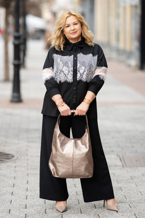 Макси памучна риза в черно с декоративна бяла дантела и издължена линия