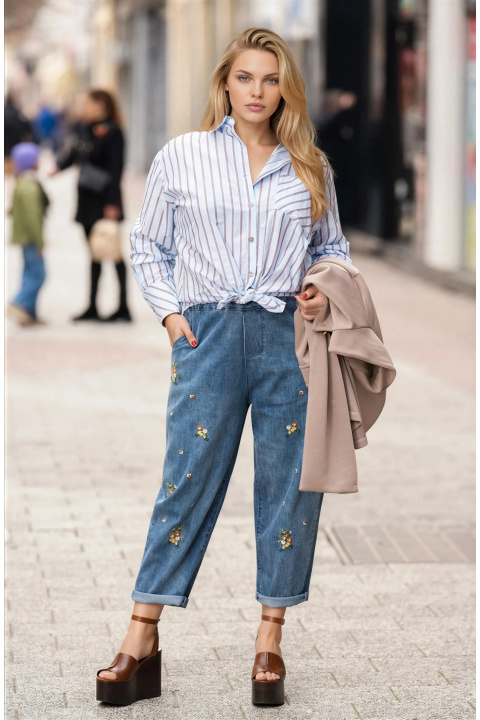 МАКСИ памучна риза в синьо с ефектно завързване, райран принт и дантелени елементи