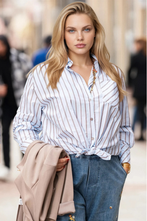 МАКСИ памучна риза в синьо с ефектно завързване, райран принт и дантелени елементи