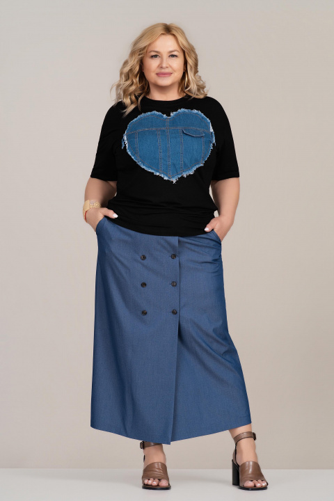 МАКСИ памучна тениска в черно с апликирано дънково сърце