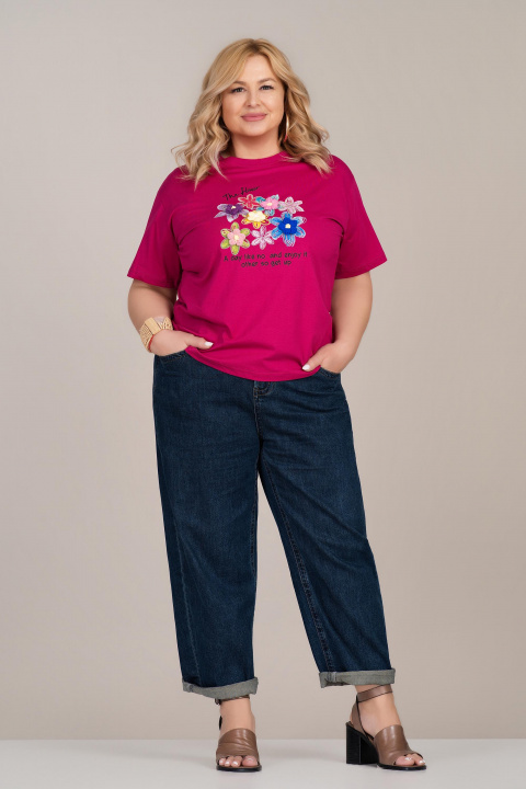 МАКСИ памучна тениска в цикламено розово с флорална апликация