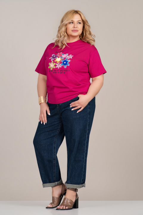 МАКСИ памучна тениска в цикламено розово с флорална апликация