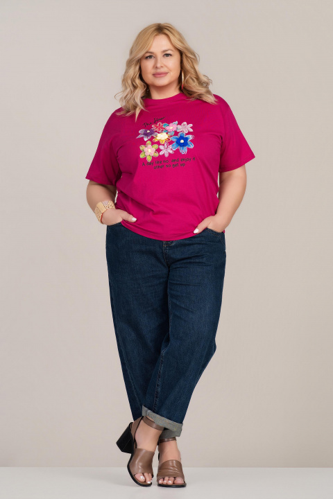 МАКСИ памучна тениска в цикламено розово с флорална апликация