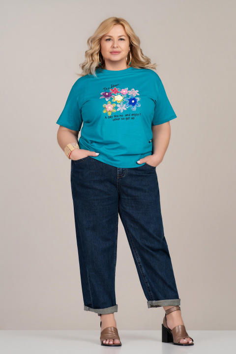 МАКСИ памучна тениска в цвят тюркоаз с флорална апликация