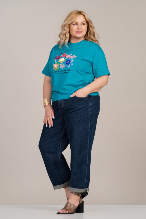 МАКСИ памучна тениска в цвят тюркоаз с флорална апликация