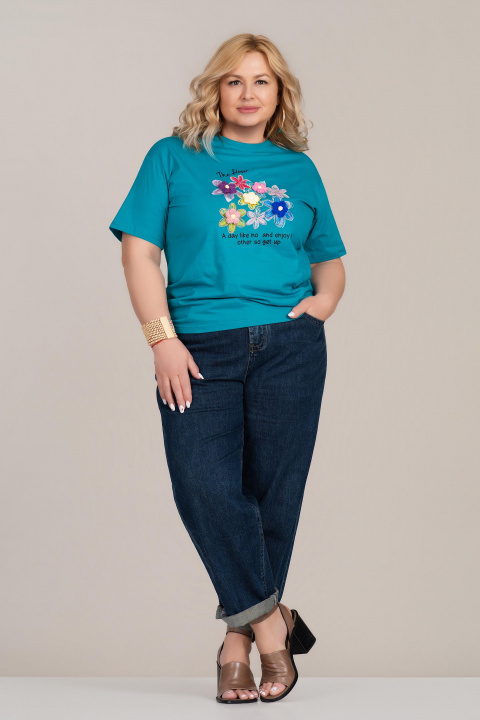 МАКСИ памучна тениска в цвят тюркоаз с флорална апликация