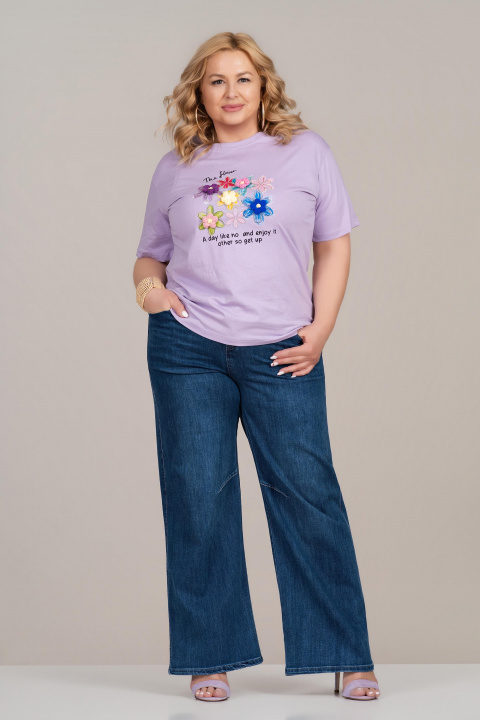 МАКСИ памучна тениска в лилаво с флорална апликация