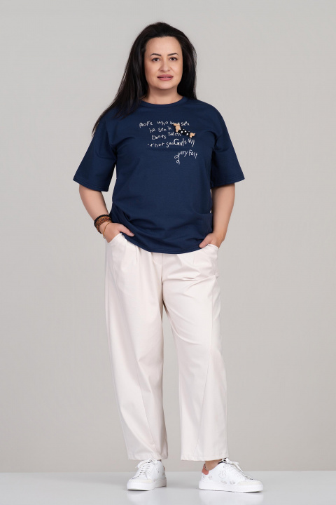 МАКСИ памучна тениска в тъмносиньо с щампован надпис и 3Д декорация с куче