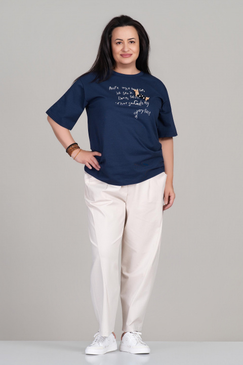 МАКСИ памучна тениска в тъмносиньо с щампован надпис и 3Д декорация с куче