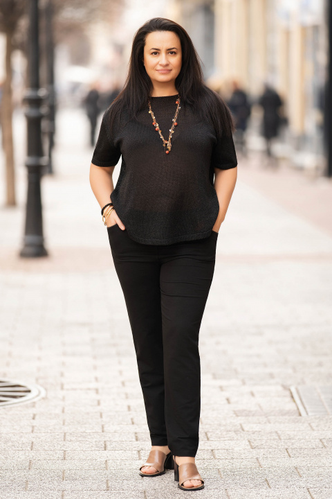 Макси панталон от памук в черно с кожен кант и ластик в талията